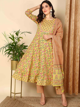 Vaamsi - Women Yellow Pure Cotton Floral Printed Anarkali Kurta Pants with Dupatta (Set of 3)