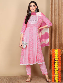 Vaamsi - Pink Viscose Rayon Embroidered A-Line Kurta Pants with Dupatta (Set of 3)