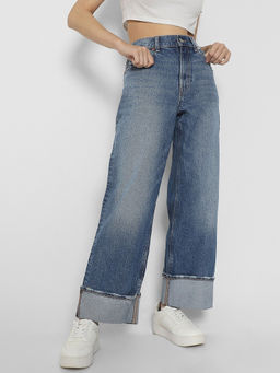 American Eagle - Women Blue Stretch High-Waisted Cuffed Jeans