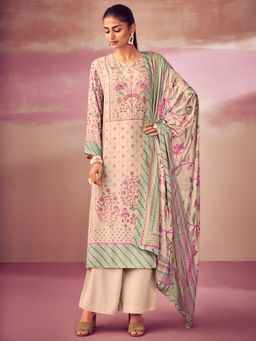 Stylee LIFESTYLE - Beige Cotton Digital Printed Dress Material (Set of 3)