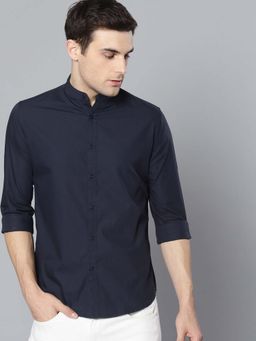 Dennis Lingo - Men Navy Blue Mandarin Collar Regular Fit Solid Casual Shirt