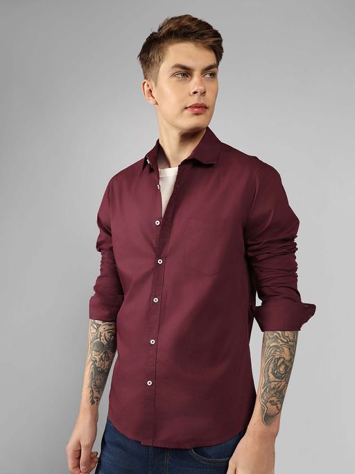Dennis Lingo Men Maroon Solid Regular Fit Cotton Casual Shirt