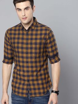 Dennis Lingo - Men Mustard Yellow and Navy Blue Regular Fit Checked Casual Shirt