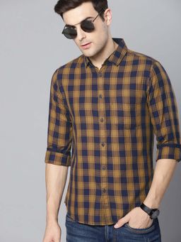 Dennis Lingo - Men Mustard Yellow and Navy Blue Regular Fit Checked Casual Shirt