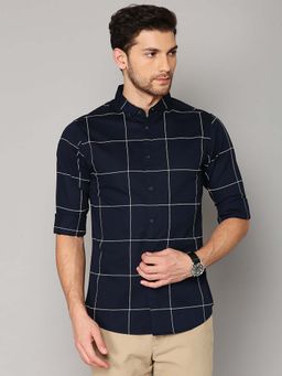 Dennis Lingo - Men Navy Blue Regular Fit Windowpane Checked Cotton Casual Shirt