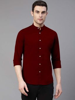 Dennis Lingo - Men Maroon Mandarin Collar Regular Fit Solid Cotton Casual Shirt