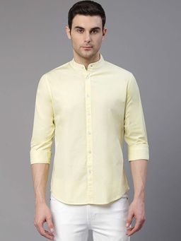 Dennis Lingo - Men Yellow Mandarin Collar Regular Fit Solid Cotton Casual Shirt