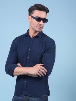 CRIMSOUNE CLUB - Men Solid Blue Pure Cotton Denim Shirt