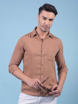 CRIMSOUNE CLUB - Men Brown Vertical Stripes Linen Shirt