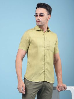 CRIMSOUNE CLUB - Men Green Vertical Stripes Linen Shirt