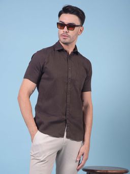 CRIMSOUNE CLUB - Men Brown Vertical Stripes Linen Shirt