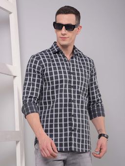 CRIMSOUNE CLUB - Men Grey Checked Pure Cotton Shirt
