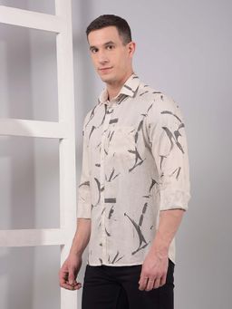 CRIMSOUNE CLUB - Men Cream Printed Linen Shirt