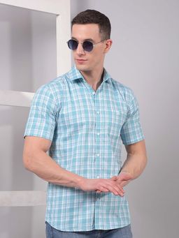 CRIMSOUNE CLUB - Men Blue Checked Pure Cotton Shirt