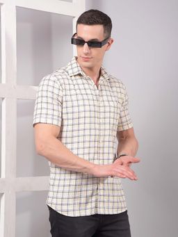 CRIMSOUNE CLUB - Men Beige Checked Pure Cotton Shirt