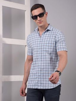 CRIMSOUNE CLUB - Men Blue Checked Pure Cotton Shirt