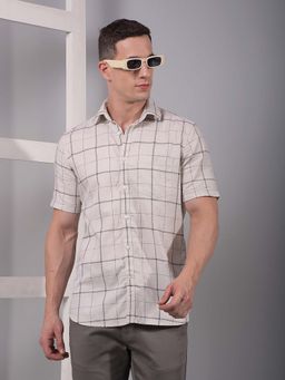CRIMSOUNE CLUB - Men Beige Checked Pure Cotton Shirt