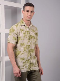 CRIMSOUNE CLUB - Men Olive Abstract Print Linen Shirt