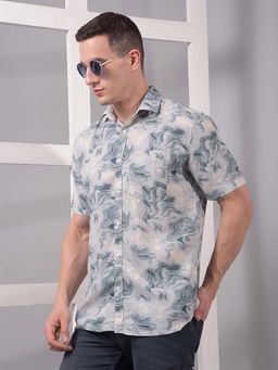 CRIMSOUNE CLUB - Men Blue Abstract Print Linen Shirt