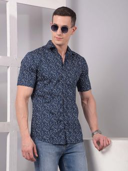 CRIMSOUNE CLUB - Men Blue Printed Linen Shirt
