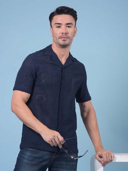 CRIMSOUNE CLUB - Men Navy Blue Jacquard Resort Collar Knitted Shirt