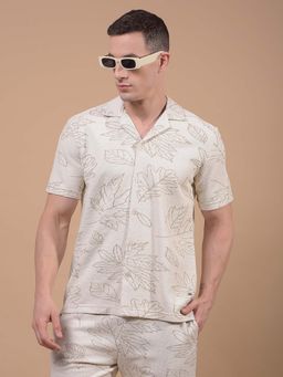 CRIMSOUNE CLUB - Men Beige Printed Resort Collar Knitted Shirt