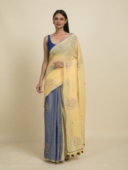 Suta - Yellow and Lavender Floral Block Printed Mul Cotton Saree