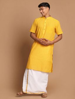 Vastramay - Mens Yellow & White Pure Cotton Kurta with Mundu (Set of 2)