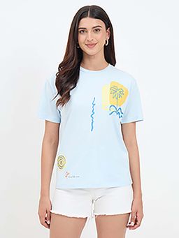 Madame - Graphic Print Blue Cotton T-Shirt