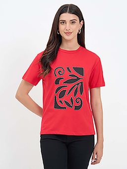 Madame - Red Cotton Self Design Half-Sleeve T-Shirt