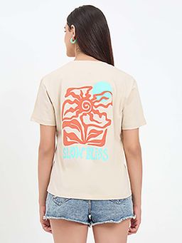 Madame - Beige Cotton Printed Half-Sleeve T-Shirt