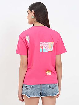 Madame - Hot Pink Cotton Printed Half-Sleeve T-Shirt