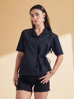 Miss Chase - Womens Black Shirt Collar Short Sleeve Tie Up Regular-Length Denim Shirt