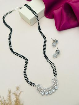 Abdesigns - White Silver Plated American Diamond Studded Mangalsutra with Earrings