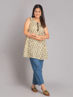 Suti - Women Cotton Printed Sleeveless Kurti Day Out Wear-Cream
