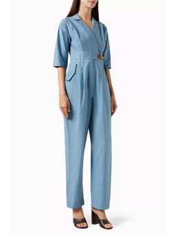 Notebook - Women Blue Solid Notched Lapel Jumpsuit