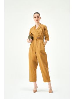 Notebook - Women Mustard Solid Notched Lapel Jumpsuit
