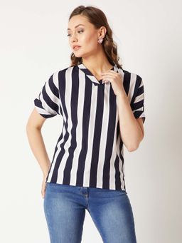 Miss Chase - Women's Navy Blue and Beige V-Neck Half Sleeve Loose Fit Striped Boxy Top