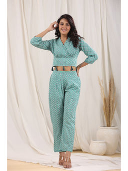 Rain & Rainbow - Teal Printed V-Neck Three Fourth Sleeve Pure Cotton Co-Ord (Set of 2)