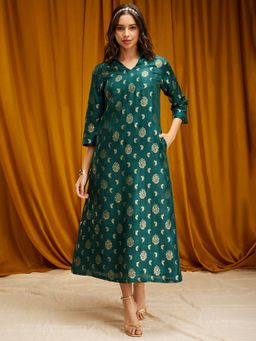 Pink Fort - Silk Brocade Maxi Dress - Bottle Green