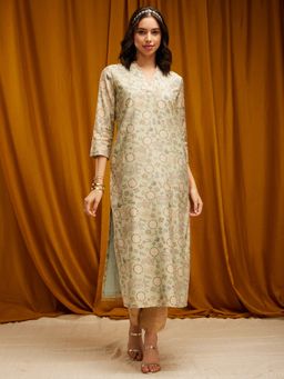 Pink Fort - Chanderi V-Neck Kurta - Beige