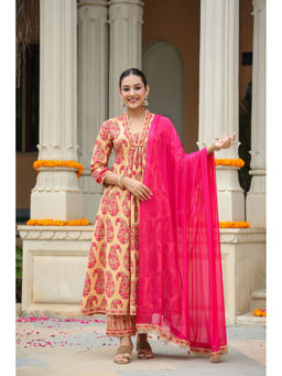 Rain & Rainbow - Beige Paisley Sequined Pure Cotton Anarkali Kurta With Pants & Dupatta (Set of 3)