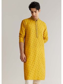 KALKI FASHION - Yellow Silk Resham Embroidered Kurta Set with Mirrorwork