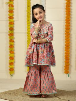 The Mom Store - Gulabi Gul Floral Print Girls Anarkali Kurta with Sharara (Set of 2)