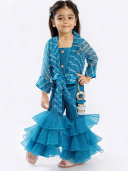 FREE SPARROW - Blue Layered Sharara, Bandhani Jacket & Embellished Bustier (Set of 3)