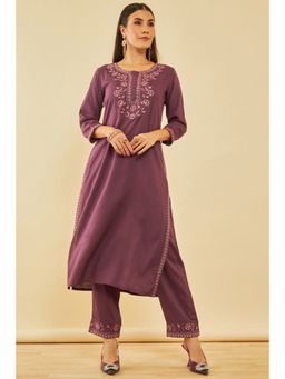 Soch - Wine Rayon Slub Embroidered Kurta with Pant (Set of 2)