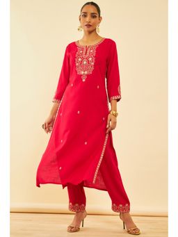 Soch - Women Pink Rayon Embroidered Kurta with Pant (Set of 2)