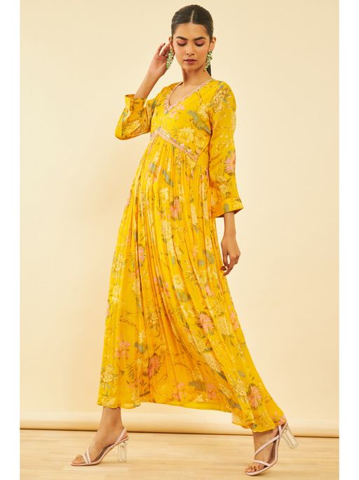 Buy Soch Womens Yellow Viscose Floral Print Alia Cut Dress with Cutdana  Online