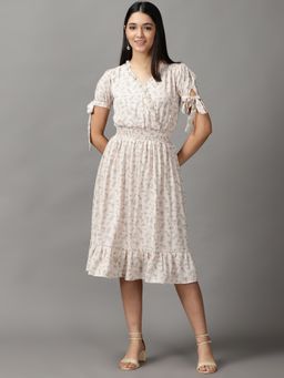 SHOWOFF - Womens V-Neck Knee Length Cream Floral Dress
