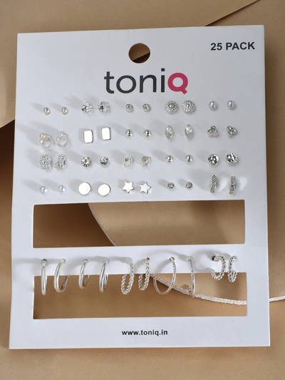 Set of 25 ToniQ Silver Plated Hoop and Studs Earrings for Women